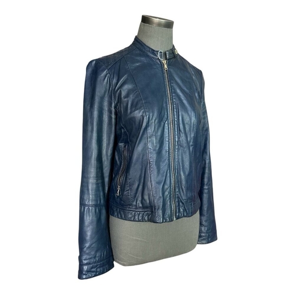 Massimo Dutti Women’s Blue Leather Biker Jacket Zip Front Size M - Picture 3 of 9